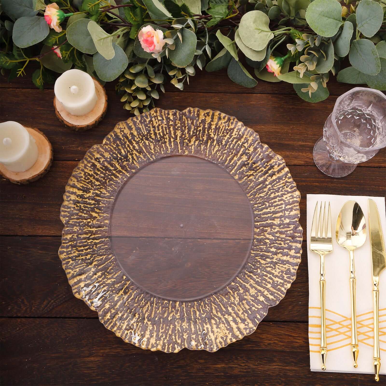 6-Pack Plastic Charger Plates 12", Round Clear with Gold Brushed Scalloped Reef Rim - Decorative Dinner Party Serving Plates - Image 8