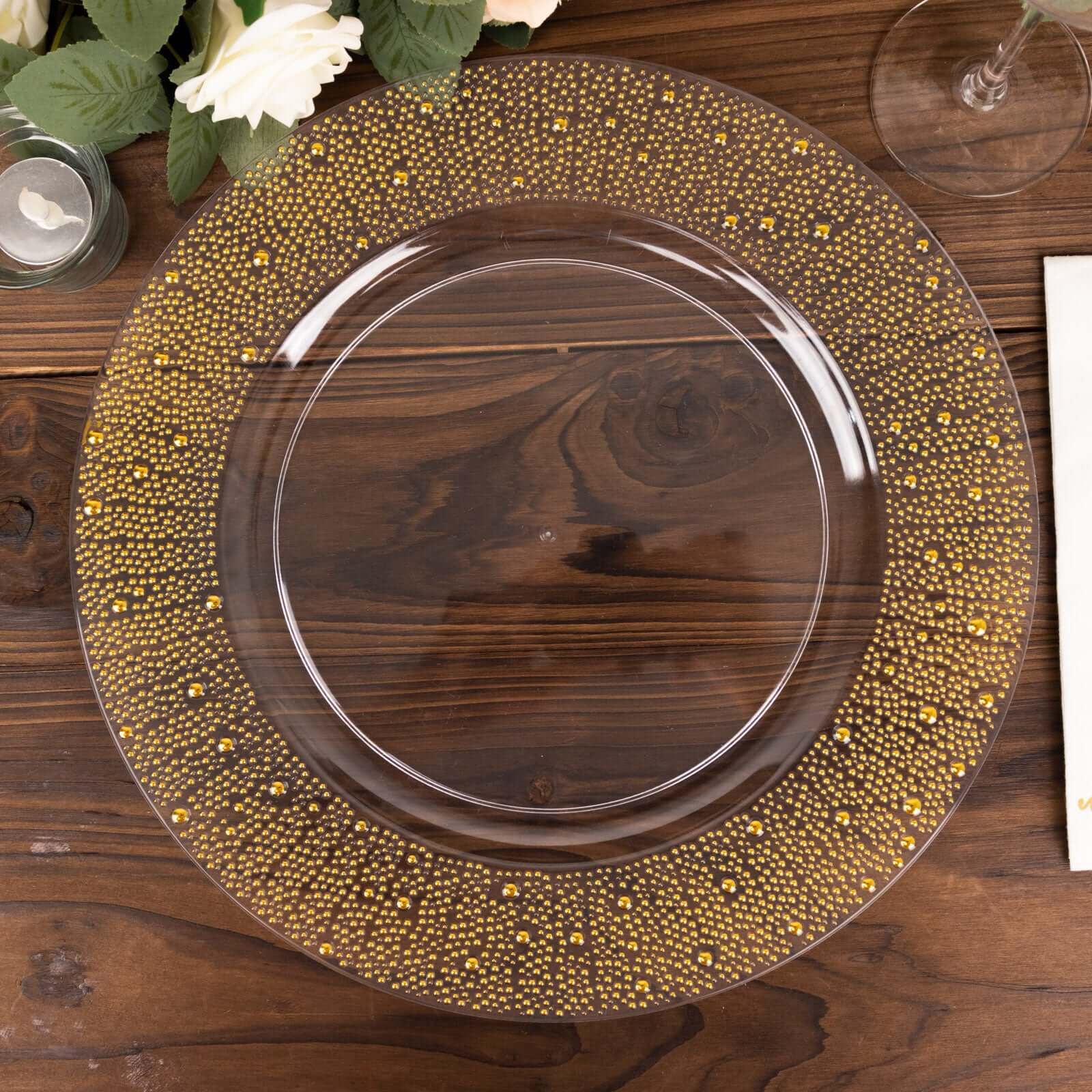 6-Pack Plastic Charger Plates 13" Round Clear with Gold Pearl Beaded Rim - Upscale Dinner Serving Plates - Image 6