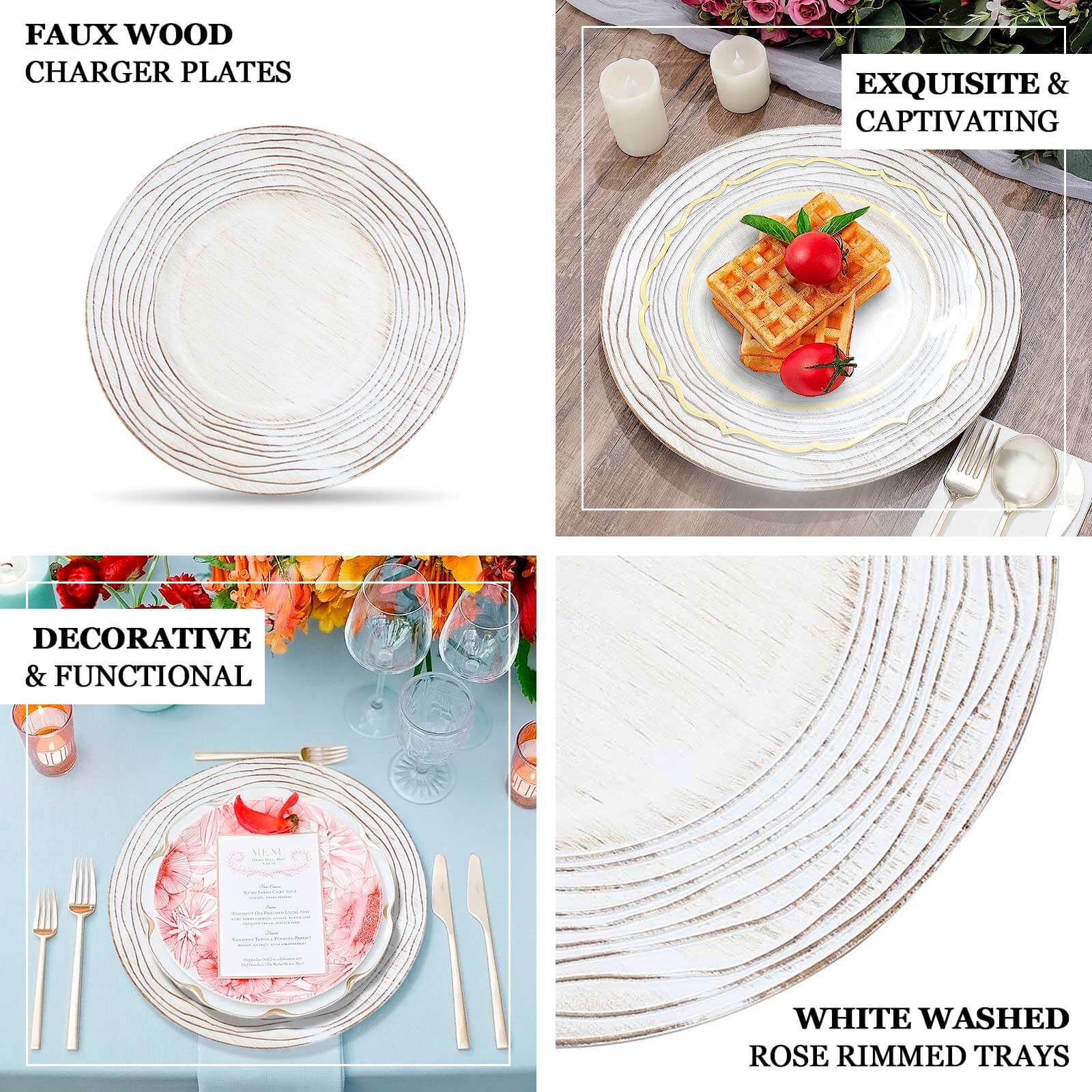 6-Pack Faux Wood Charger Plates 13" Round White Washed Rose Embossed Rim - Disposable Plastic Charger Tableware - Image 4
