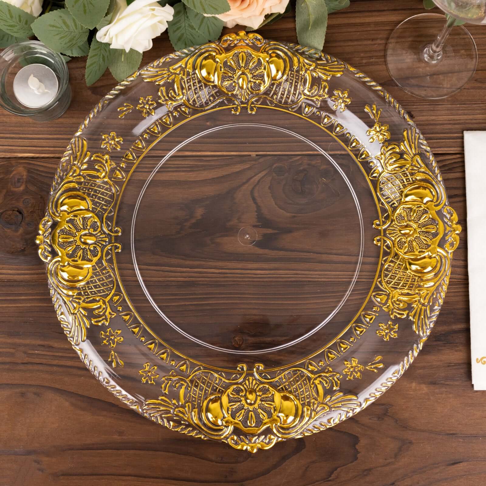 6-Pack Plastic Charger Plates 13" Round Clear with Gold Florentine Embossed Rim - Exquisite Dinner Serving Plates - Image 5