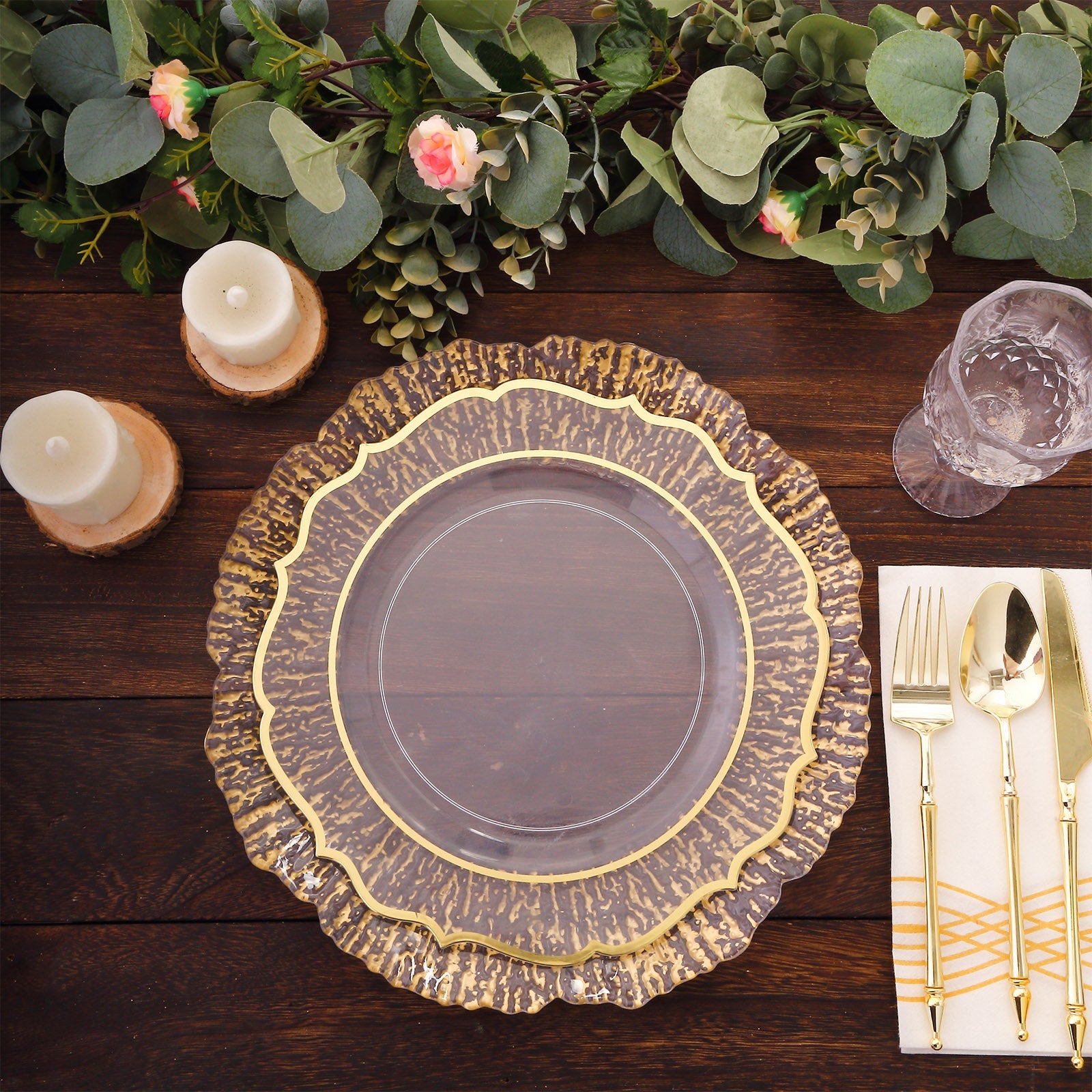 Alternative view of 6-Pack Plastic Charger Plates 12", Round Clear with Gold Brushed Scalloped Reef Rim - Decorative Dinner Party Serving Plates