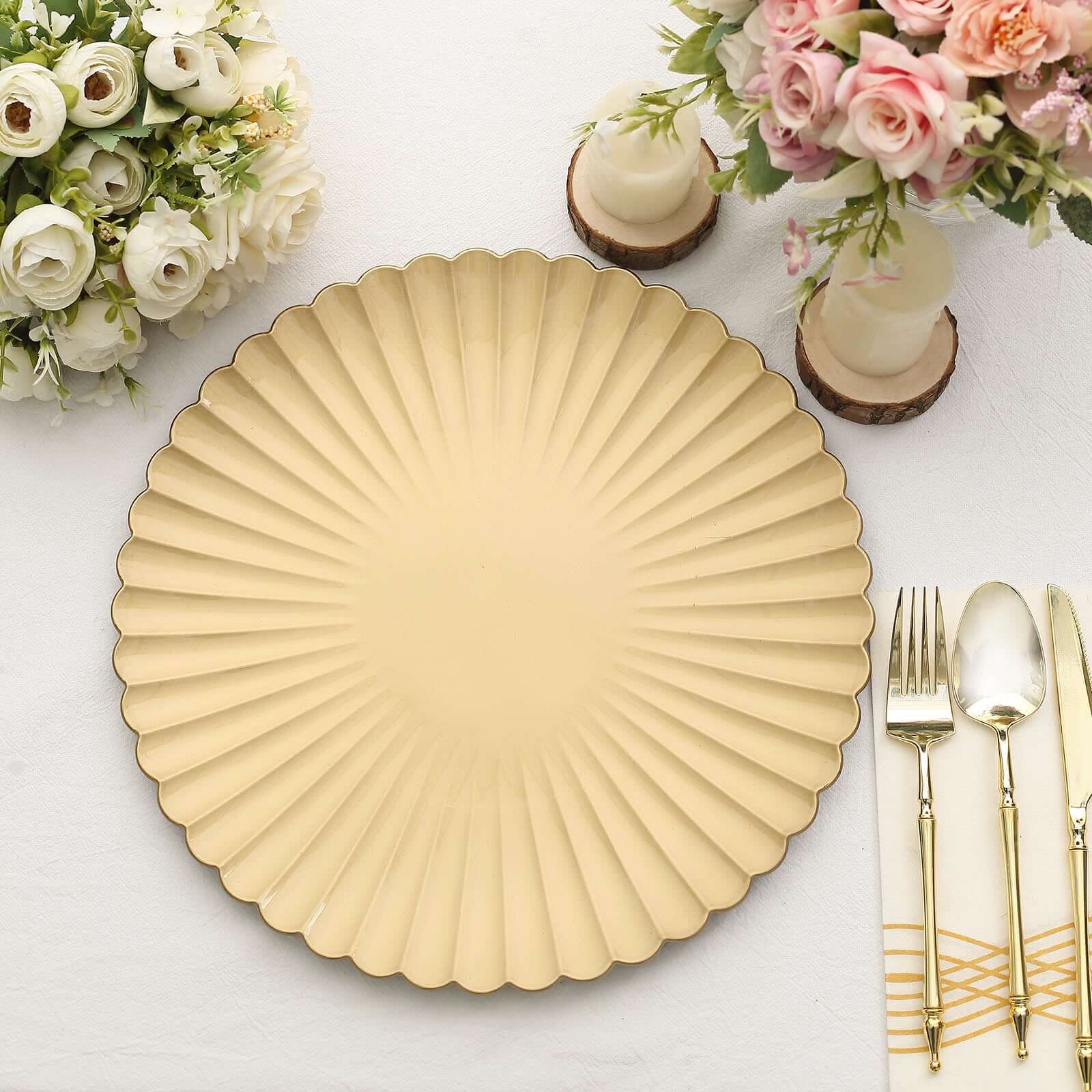 Alternative view of 6-Pack Plastic Charger Plates 13" Round Gold with Scalloped Shell Pattern - Coastal Inspired Disposable Charger Tableware