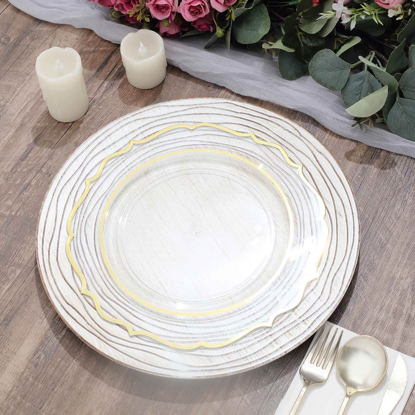 6-Pack Faux Wood Charger Plates 13" Round White Washed Rose Embossed Rim - Disposable Plastic Charger Tableware - Image 8