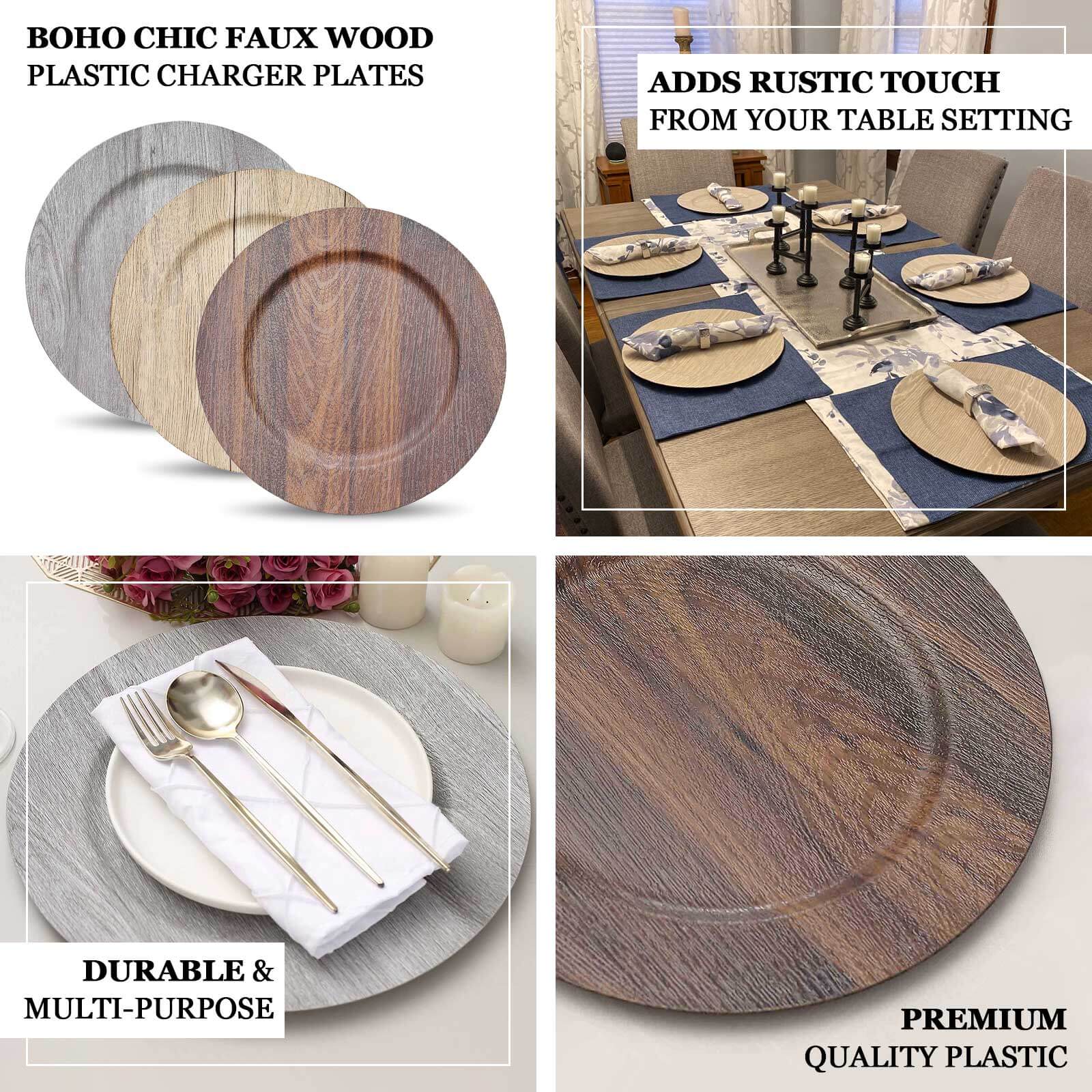 6-Pack Plastic Charger Plates 13" Round Natural with Faux Wood Finish - Rustic Boho Chic Dinner Party Charger Tableware - Image 4